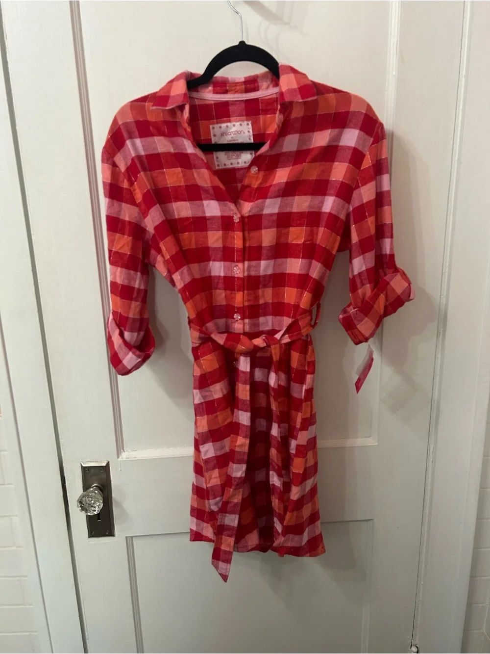 Red and Pink Plaid Button-Up sleep Dress with Waist Tie